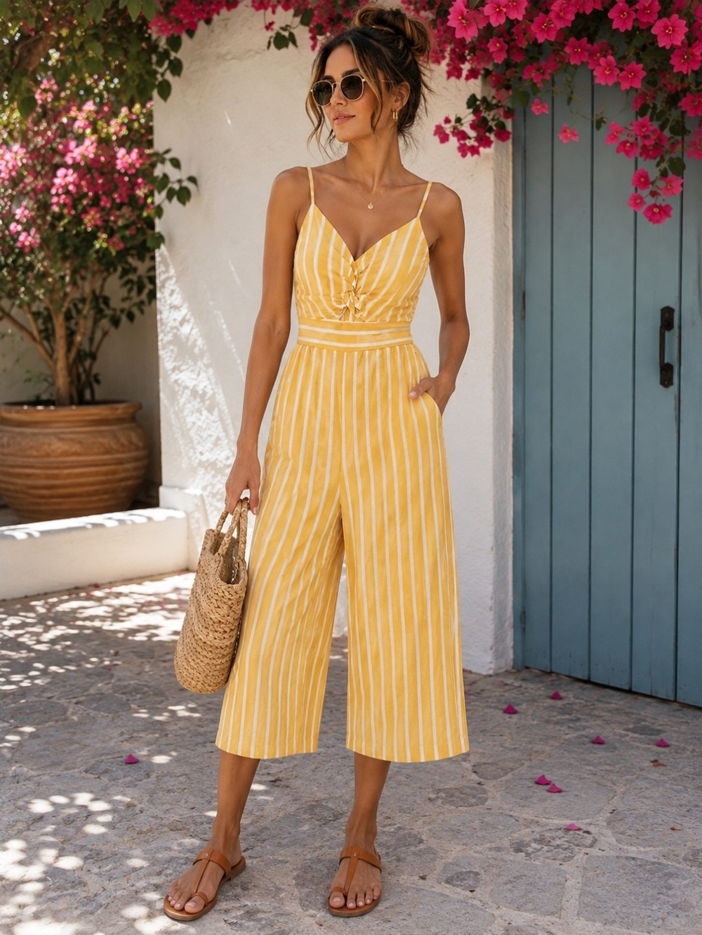 Yellow & White Striped Wide-Leg Jumpsuit – Size Small